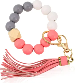 Beaded Wristlet Keychain for Women Keychain with Pink Leather Tassel Beaded Keychains Wristlet Key Ring Bracelet Cute Keychain Wristlet Bangle Chain for Keys, Wallets, ID Badge Car Holder Keys Chains