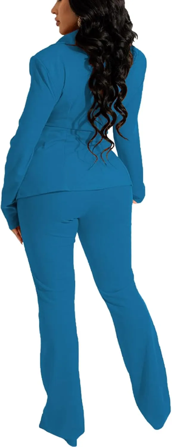Bluewolfsea Women 2 Piece Outfits Work Casual Long Sleeve Open Front Blazer and Pants Set Ladies Business Suits Sets