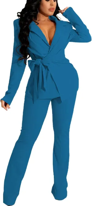 Bluewolfsea Women 2 Piece Outfits Work Casual Long Sleeve Open Front Blazer and Pants Set Ladies Business Suits Sets