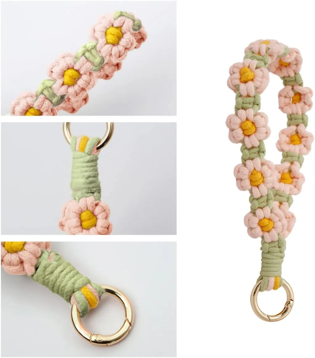 Boho Keychain Handmade Keychain Wristlet Key Chain Wrist Lanyard for Keys Cute daisy keychain for Women