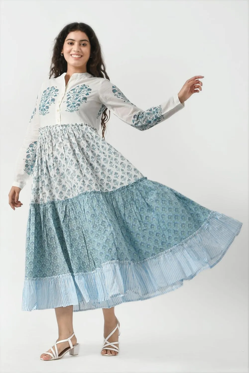 Boho Maxi Dress for Women Tiered Cotton Long Gown with Pockets Full Sleeve Button Down Ruffle Dress