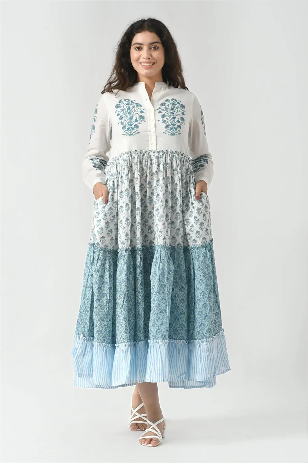 Boho Maxi Dress for Women Tiered Cotton Long Gown with Pockets Full Sleeve Button Down Ruffle Dress