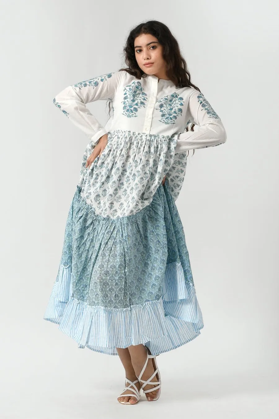 Boho Maxi Dress for Women Tiered Cotton Long Gown with Pockets Full Sleeve Button Down Ruffle Dress