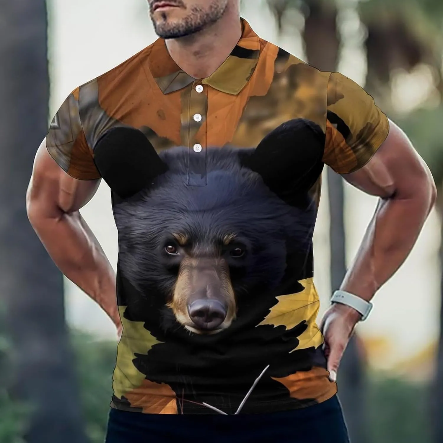 Camouflage Ca-mo Bear Mens Short Sleeve Polo Shirts Straight Sports Golf Tennis T-Shirt Quick Dry Long Top