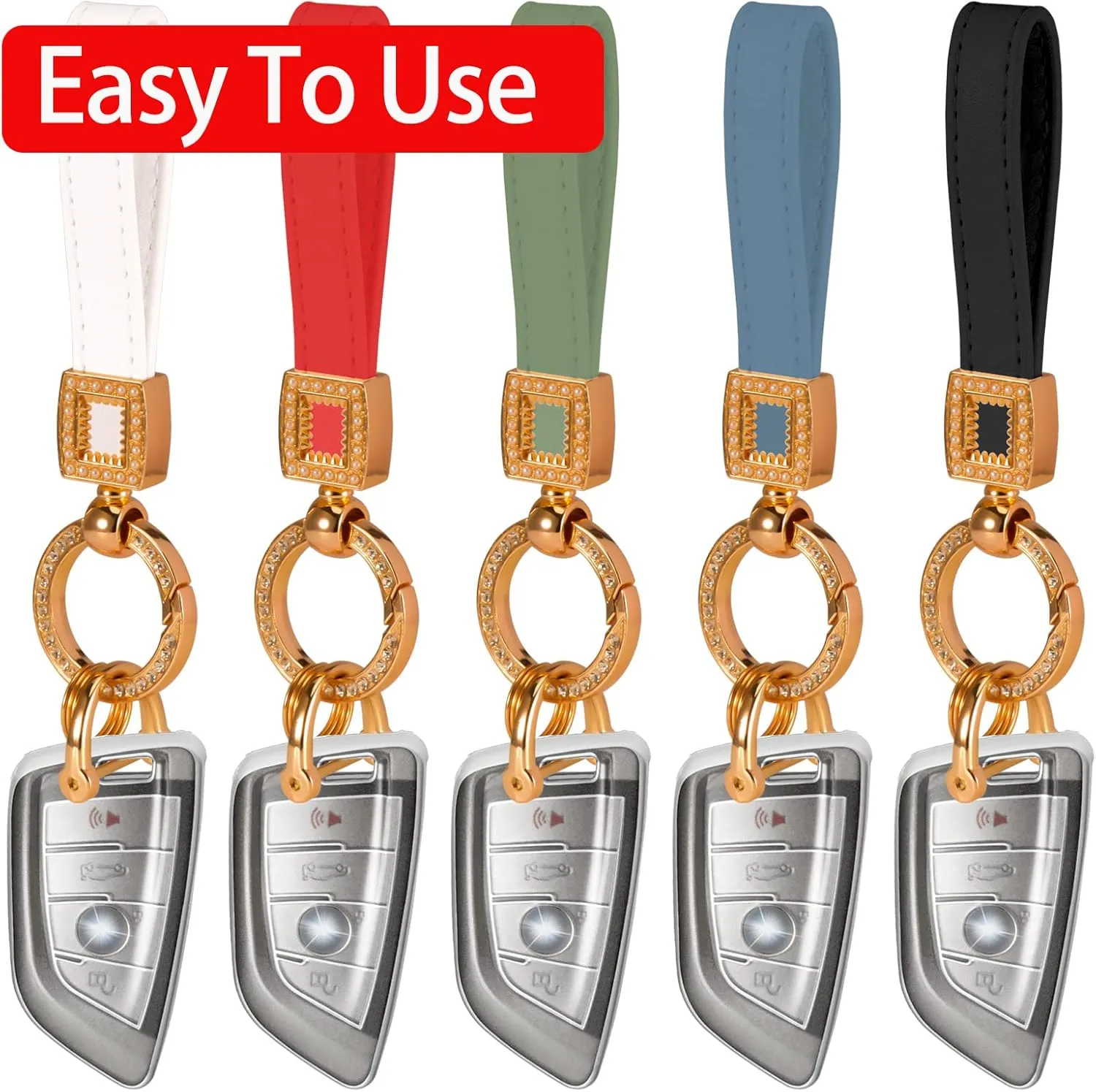 Car Keychain With Bling Rhinestones,Microfiber Leather Wristlet Keychain,Universal Key Fob Keychain for all Car