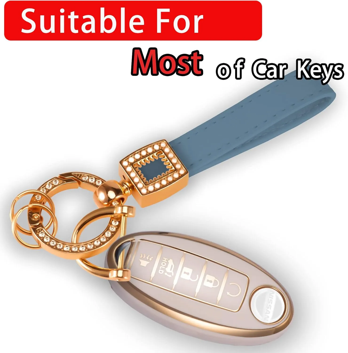 Car Keychain With Bling Rhinestones,Microfiber Leather Wristlet Keychain,Universal Key Fob Keychain for all Car