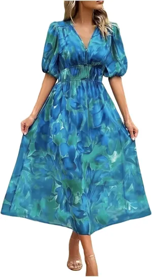 Casual Floral Print Dress V Neck Tie Shoulder Sleeveless Mini Dresses Ruffle Hem Beach Dress for Women and Girl