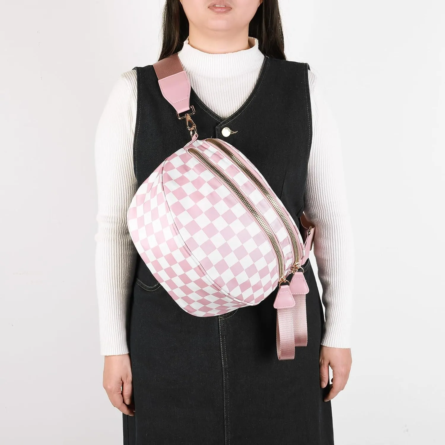 Checkered Crossbody Bum Bags for Women Nylon Checkered Purse Checkerboard Fanny Pack