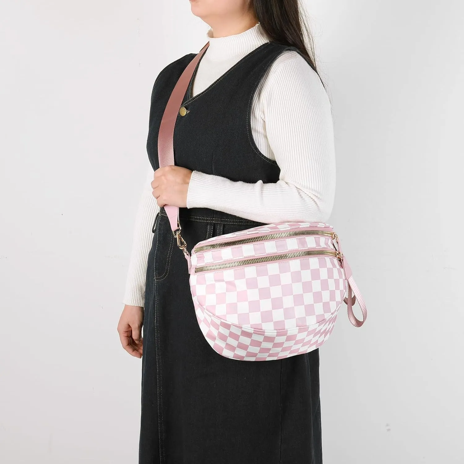 Checkered Crossbody Bum Bags for Women Nylon Checkered Purse Checkerboard Fanny Pack
