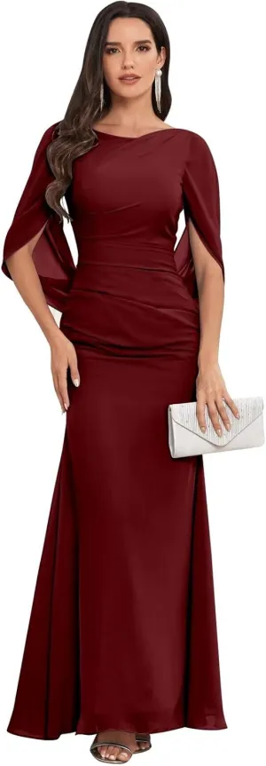 Chiffon Mermaid Mother of The Bride Dresses for Women Long Cape Sleeve Elegant Formal Evening Dress