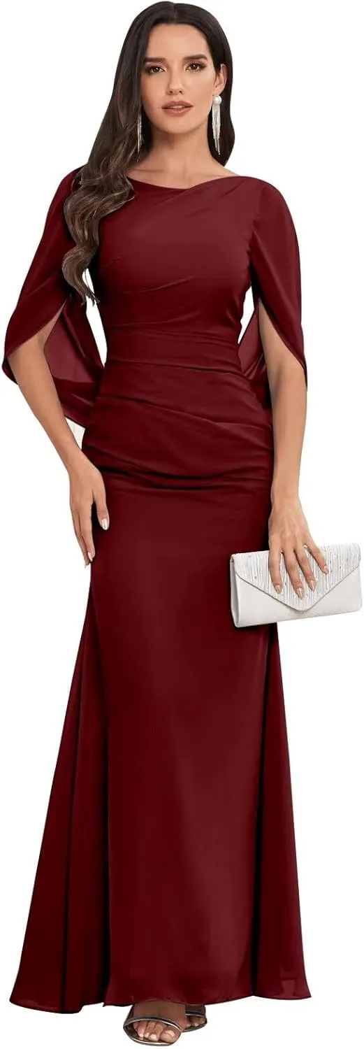 Chiffon Mermaid Mother of The Bride Dresses for Women Long Cape Sleeve Elegant Formal Evening Dress