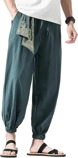 Chinese Style Retro Auspicious Clouds Print Pants Men Clothing Autumn Clothes Loose Casual Hemp Harem Pants