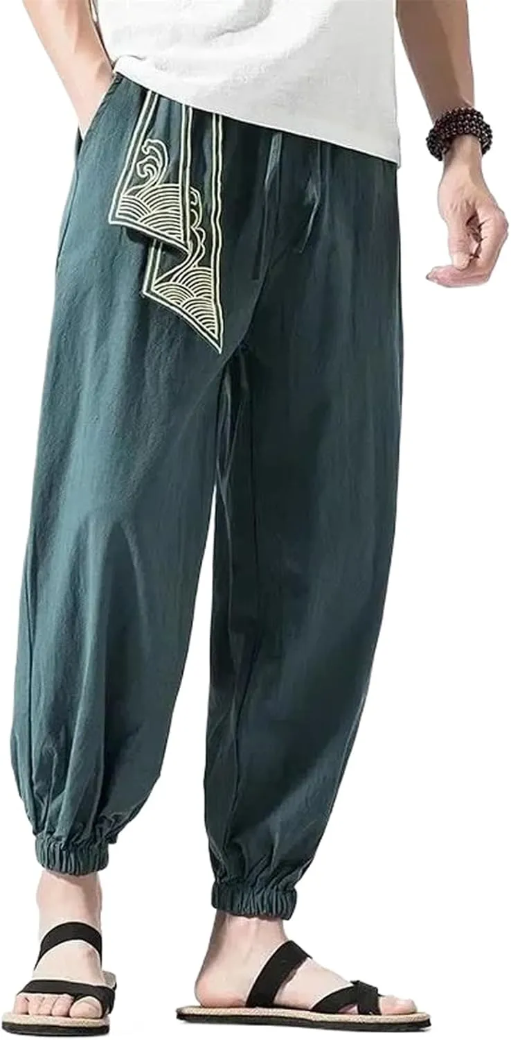 Chinese Style Retro Auspicious Clouds Print Pants Men Clothing Autumn Clothes Loose Casual Hemp Harem Pants