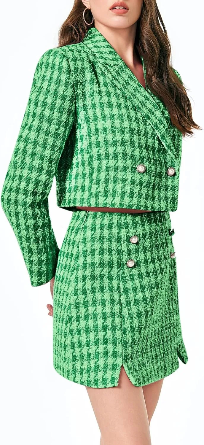 Cicy Bell Womens Cropped Tweed Blazer Sets 2 Piece Outfits and Mini Skirt Sets Business Casual Suits