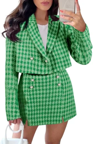 Cicy Bell Womens Cropped Tweed Blazer Sets 2 Piece Outfits and Mini Skirt Sets Business Casual Suits