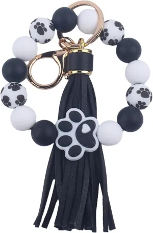 Claw Silicone Beaded Bracelet Wrist Keychain, PU Leather Tassel Bangle Car Keychain for Women,Key Ring Wristlet Key Chains