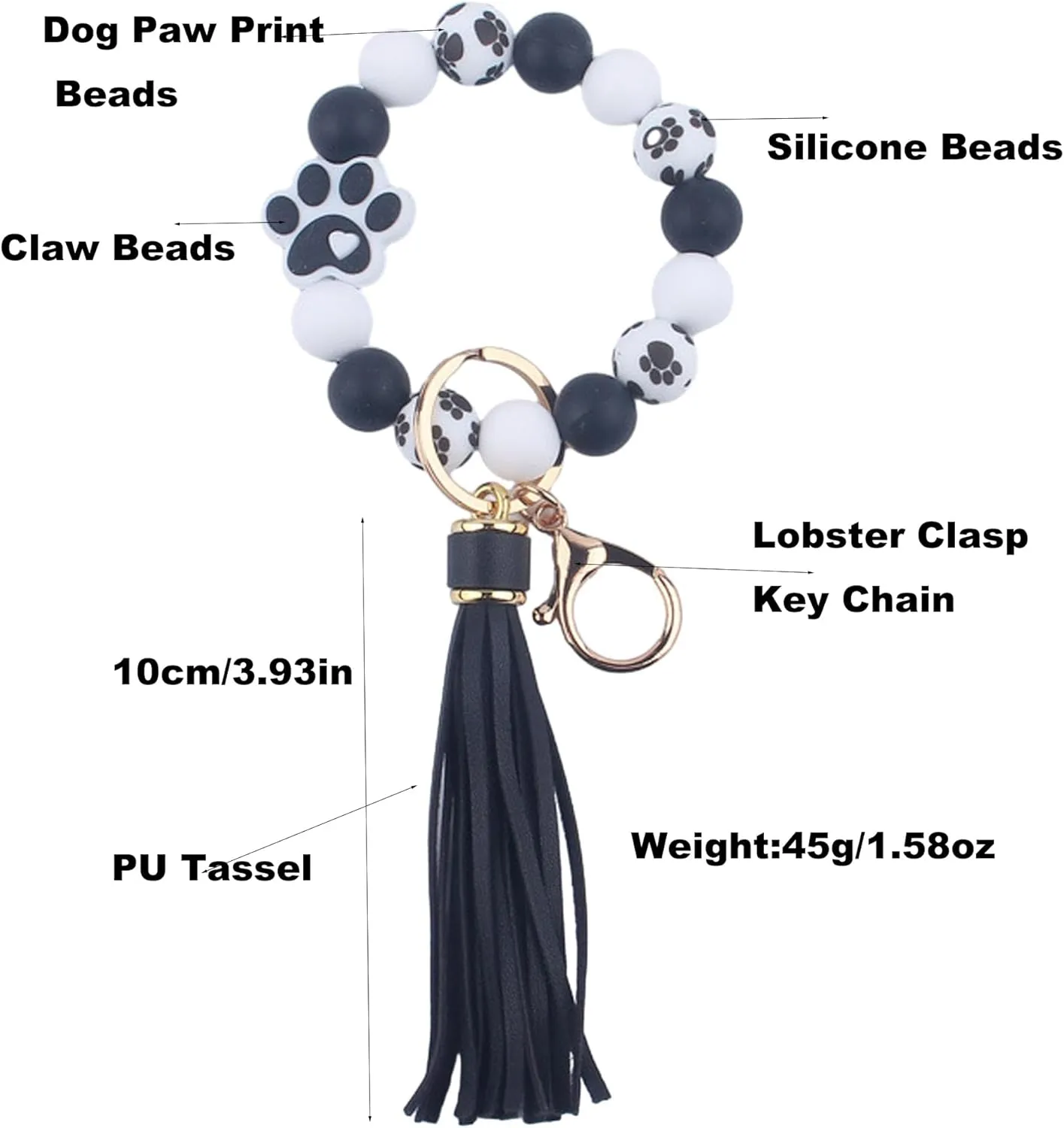 Claw Silicone Beaded Bracelet Wrist Keychain, PU Leather Tassel Bangle Car Keychain for Women,Key Ring Wristlet Key Chains