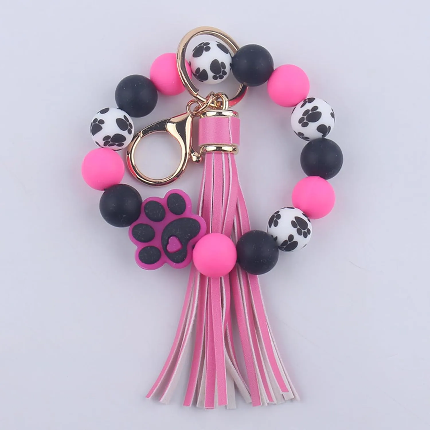 Claw Silicone Beaded Bracelet Wrist Keychain, PU Leather Tassel Bangle Car Keychain for Women,Key Ring Wristlet Key Chains