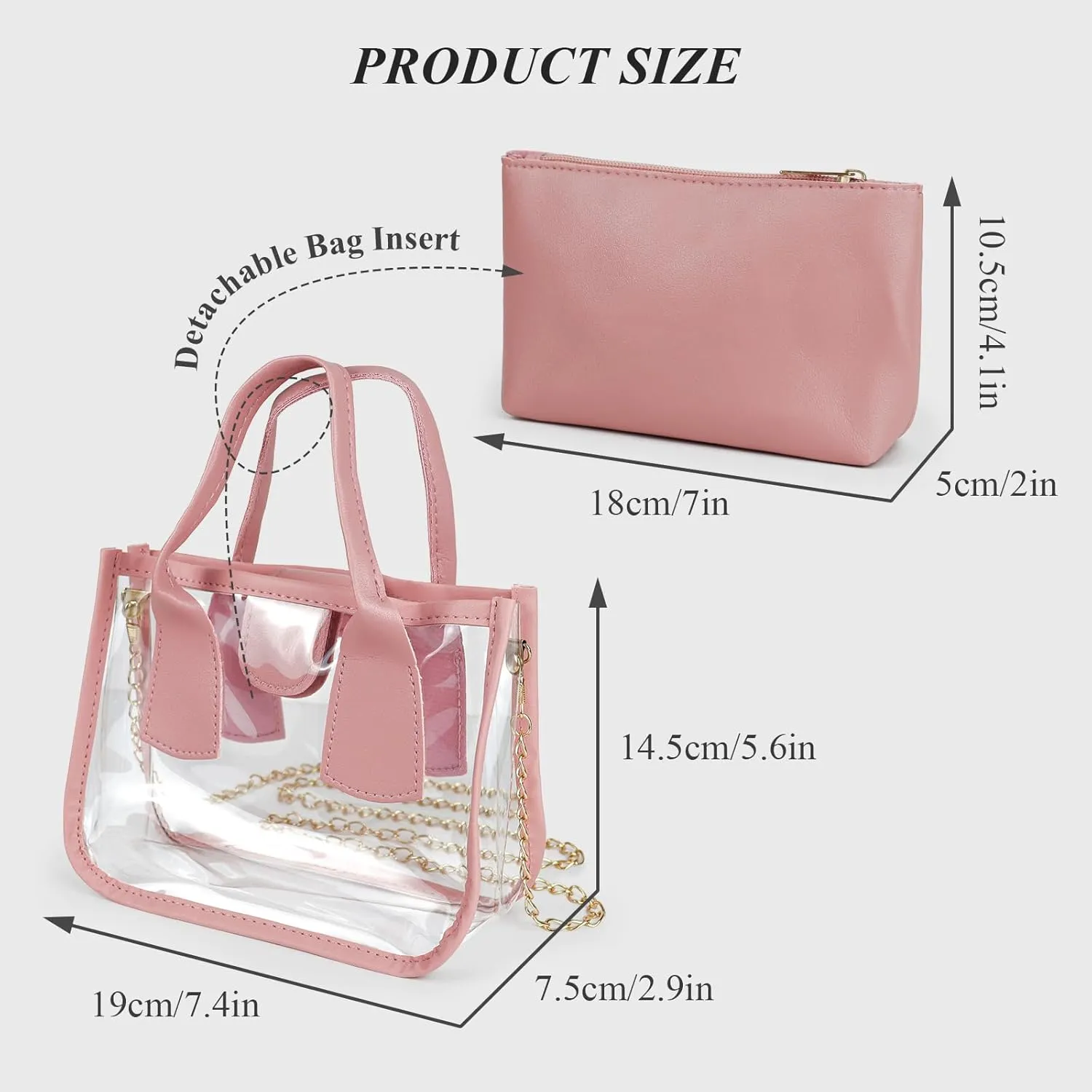 Clear Crossbody Purse, Clutch Purses for Women with Detachable Bag Insert & Chain Shoulder Strap, Clear Handbag