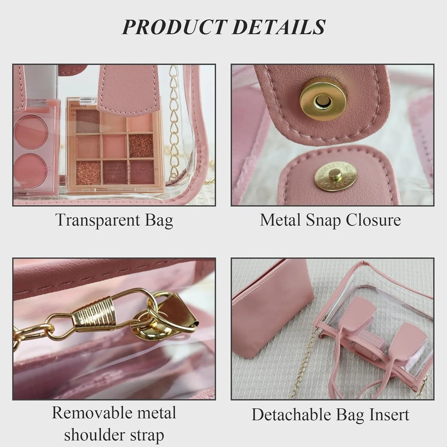 Clear Crossbody Purse, Clutch Purses for Women with Detachable Bag Insert & Chain Shoulder Strap, Clear Handbag