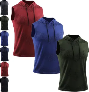 Convenientto 3-Pack Sleeveless Hooded Workout Shirts, Men's Quick-Dry Gym Hiking Sports Breathable Tee