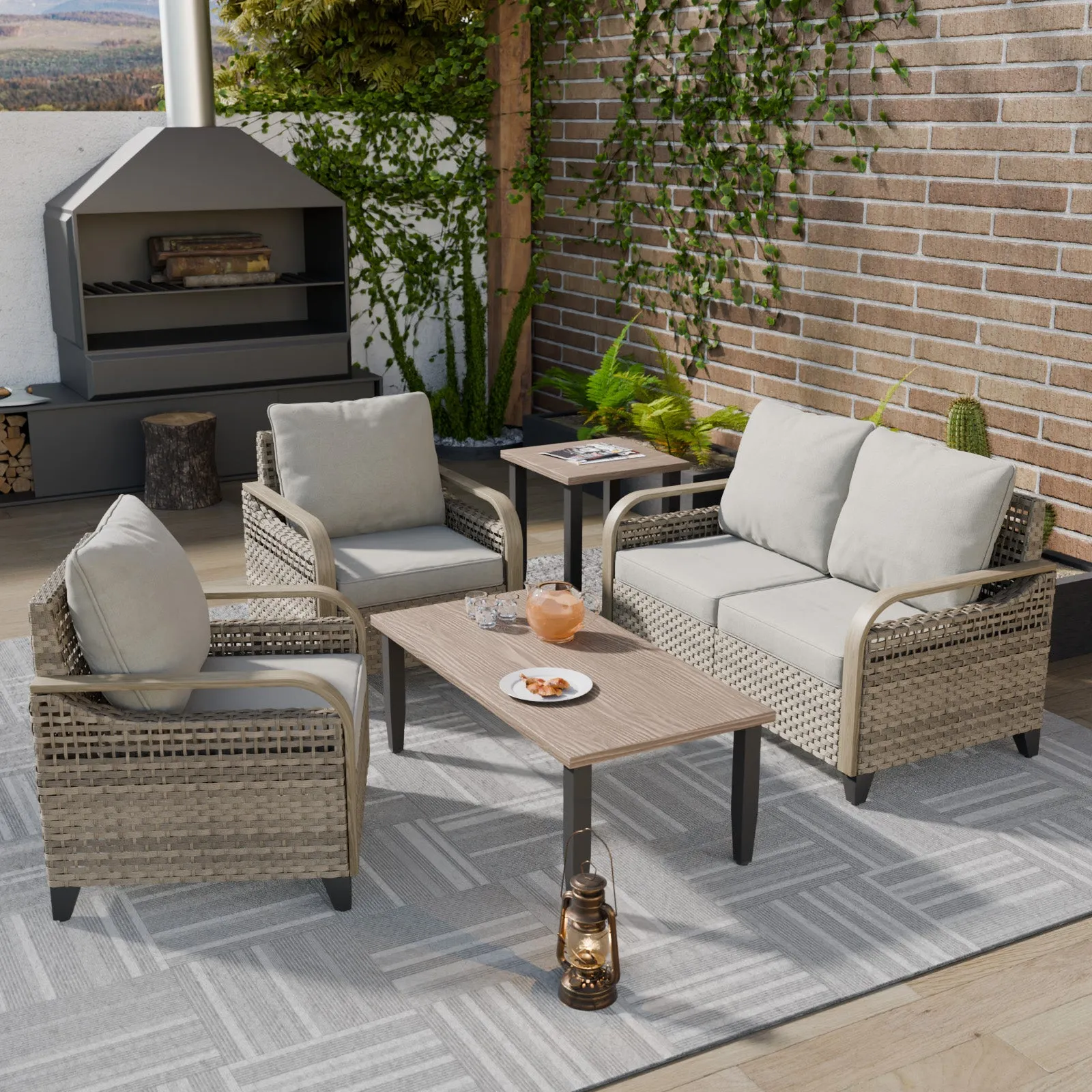 COOS BAY 5 Piece Wicker Outdoor Patio Furniture Set with 2 Patio Chairs, 2 Seat Loveseat Sofa, Coffee Table and Side Table, Gray/Brown