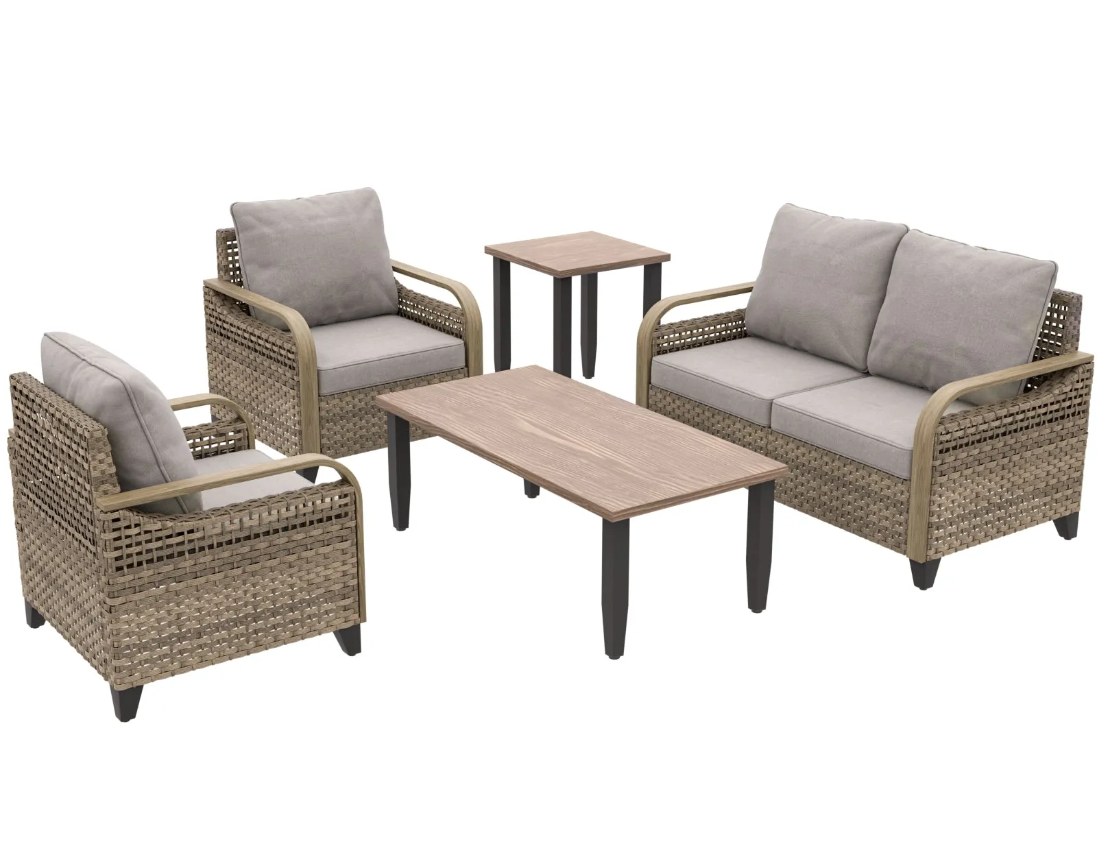 COOS BAY 5 Piece Wicker Outdoor Patio Furniture Set with 2 Patio Chairs, 2 Seat Loveseat Sofa, Coffee Table and Side Table, Gray/Brown