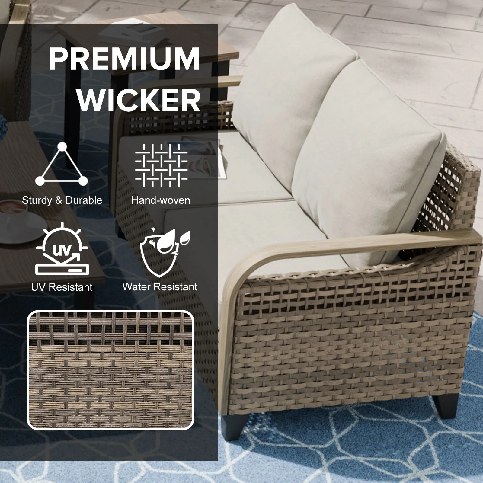 COOS BAY 5 Piece Wicker Outdoor Patio Furniture Set with 2 Patio Chairs, 2 Seat Loveseat Sofa, Coffee Table and Side Table, Gray/Brown