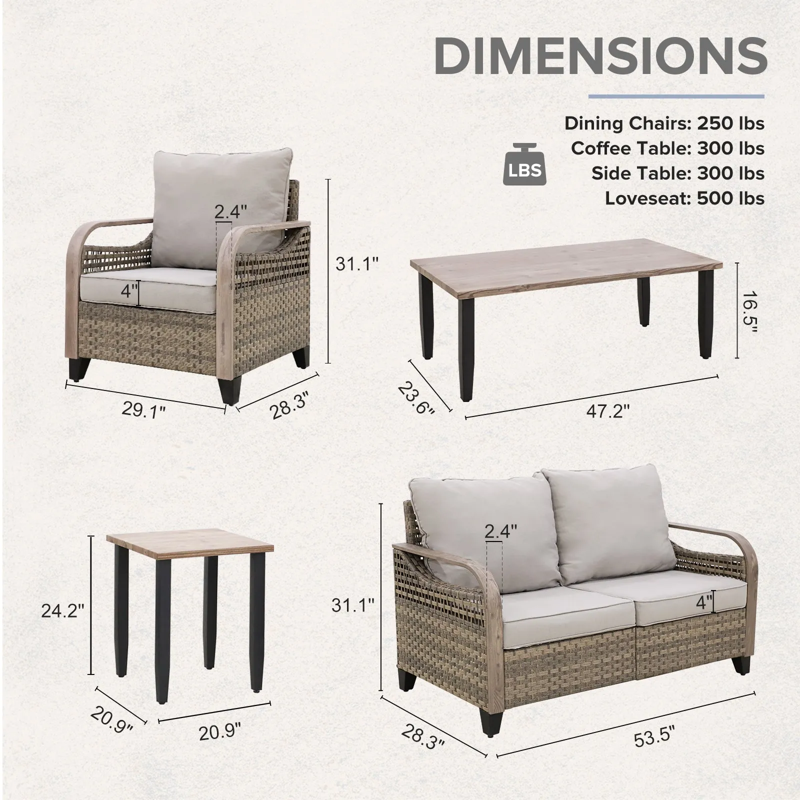 COOS BAY 5 Piece Wicker Outdoor Patio Furniture Set with 2 Patio Chairs, 2 Seat Loveseat Sofa, Coffee Table and Side Table, Gray/Brown