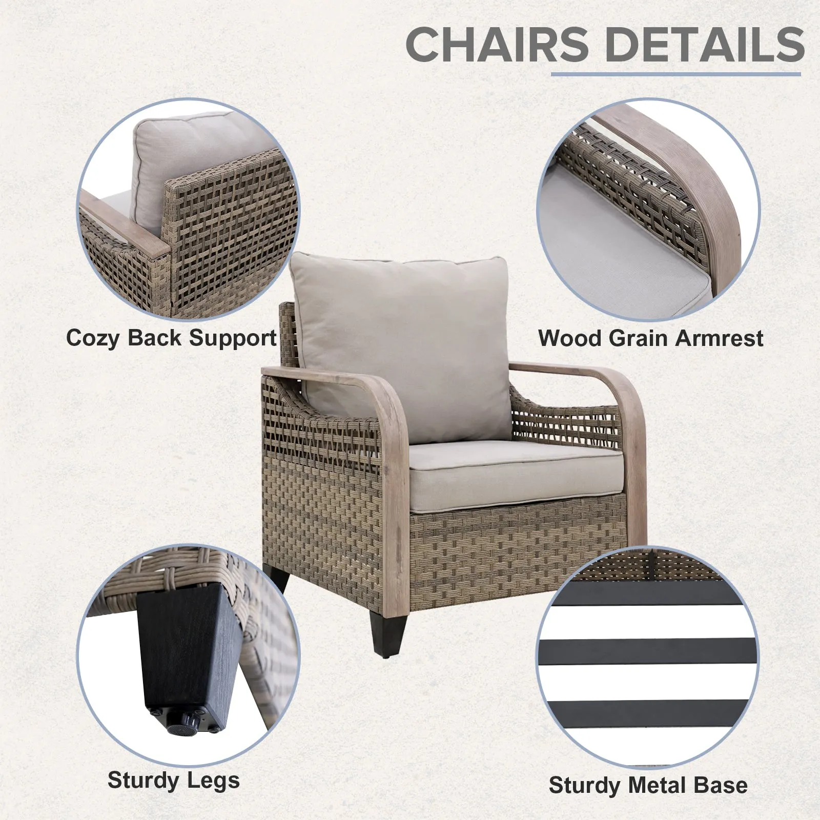 COOS BAY 5 Piece Wicker Outdoor Patio Furniture Set with 2 Patio Chairs, 2 Seat Loveseat Sofa, Coffee Table and Side Table, Gray/Brown