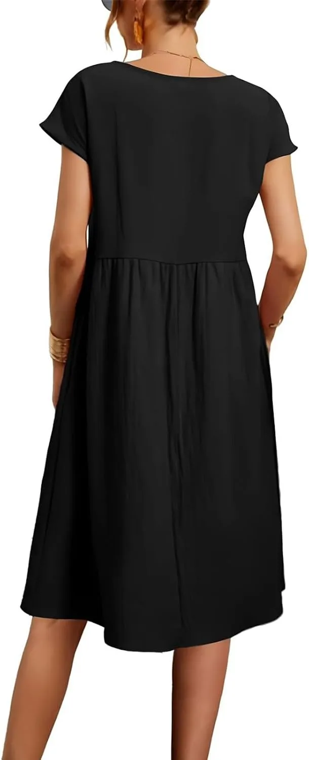Cotton Linen Dresses for Women 2024 Casual High Waisted Pleated Short Sleeves Midi Dress Loose Pockets Beach Sundress
