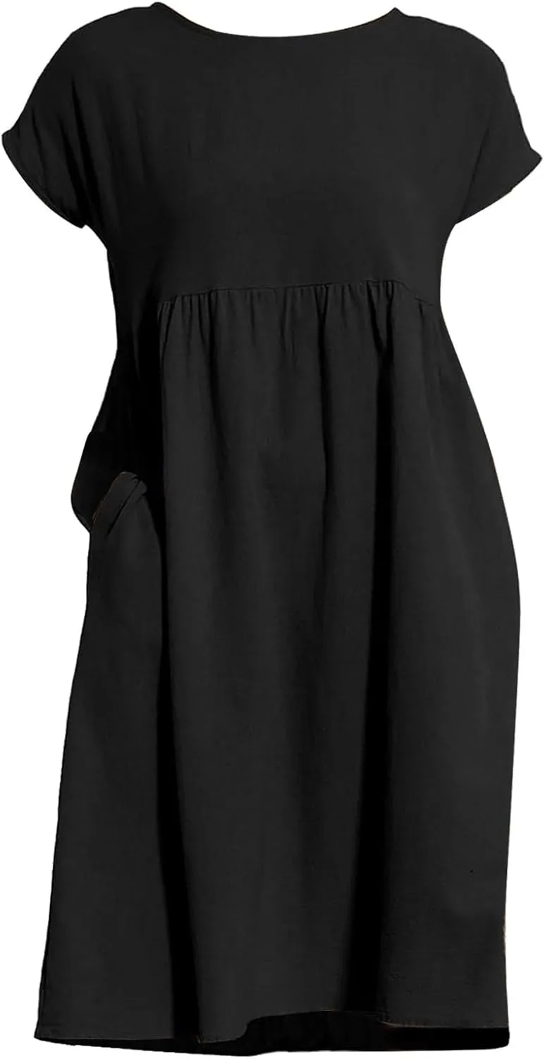 Cotton Linen Dresses for Women 2024 Casual High Waisted Pleated Short Sleeves Midi Dress Loose Pockets Beach Sundress