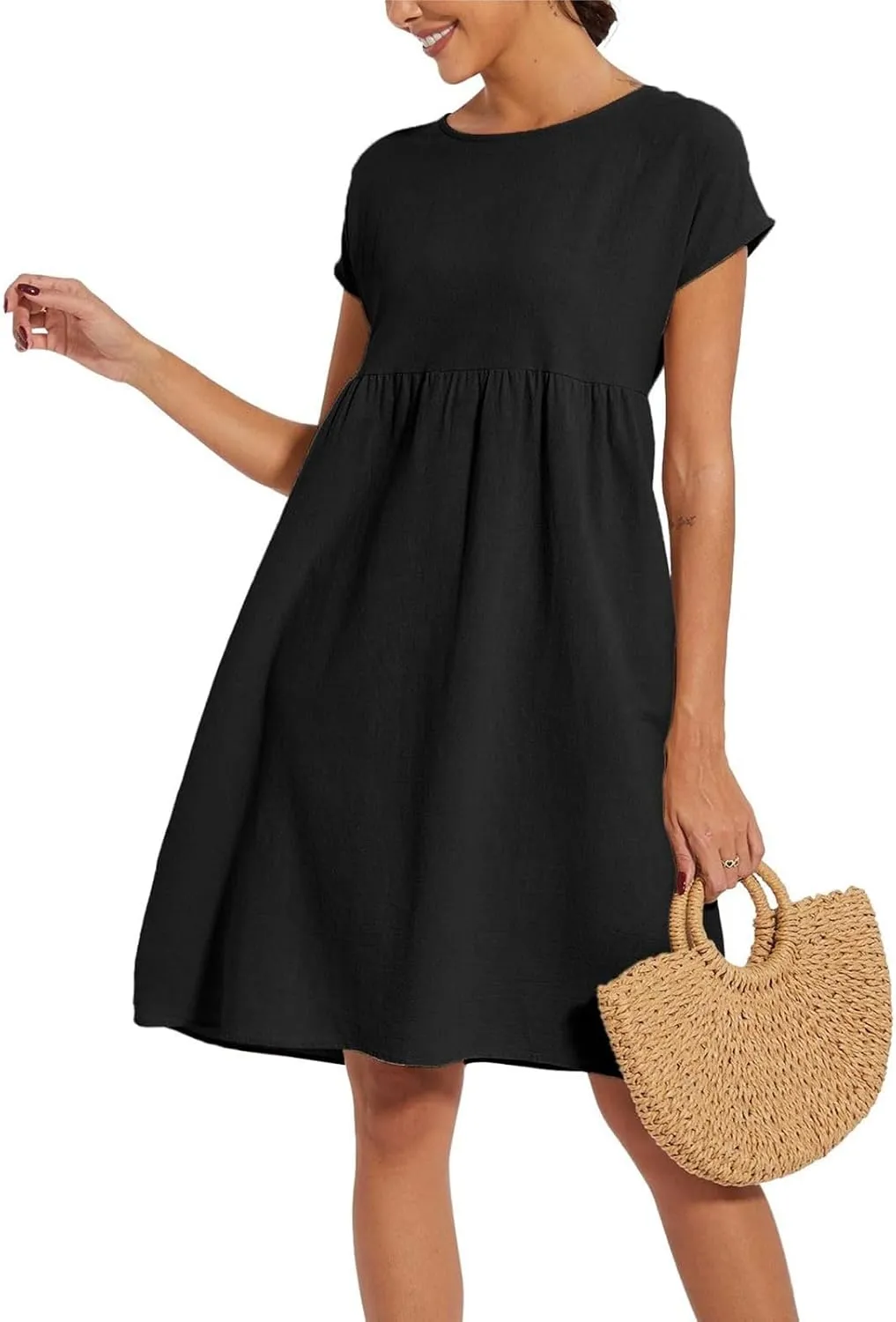 Cotton Linen Dresses for Women 2024 Casual High Waisted Pleated Short Sleeves Midi Dress Loose Pockets Beach Sundress