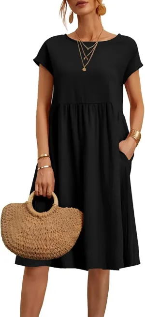 Cotton Linen Dresses for Women 2024 Casual High Waisted Pleated Short Sleeves Midi Dress Loose Pockets Beach Sundress