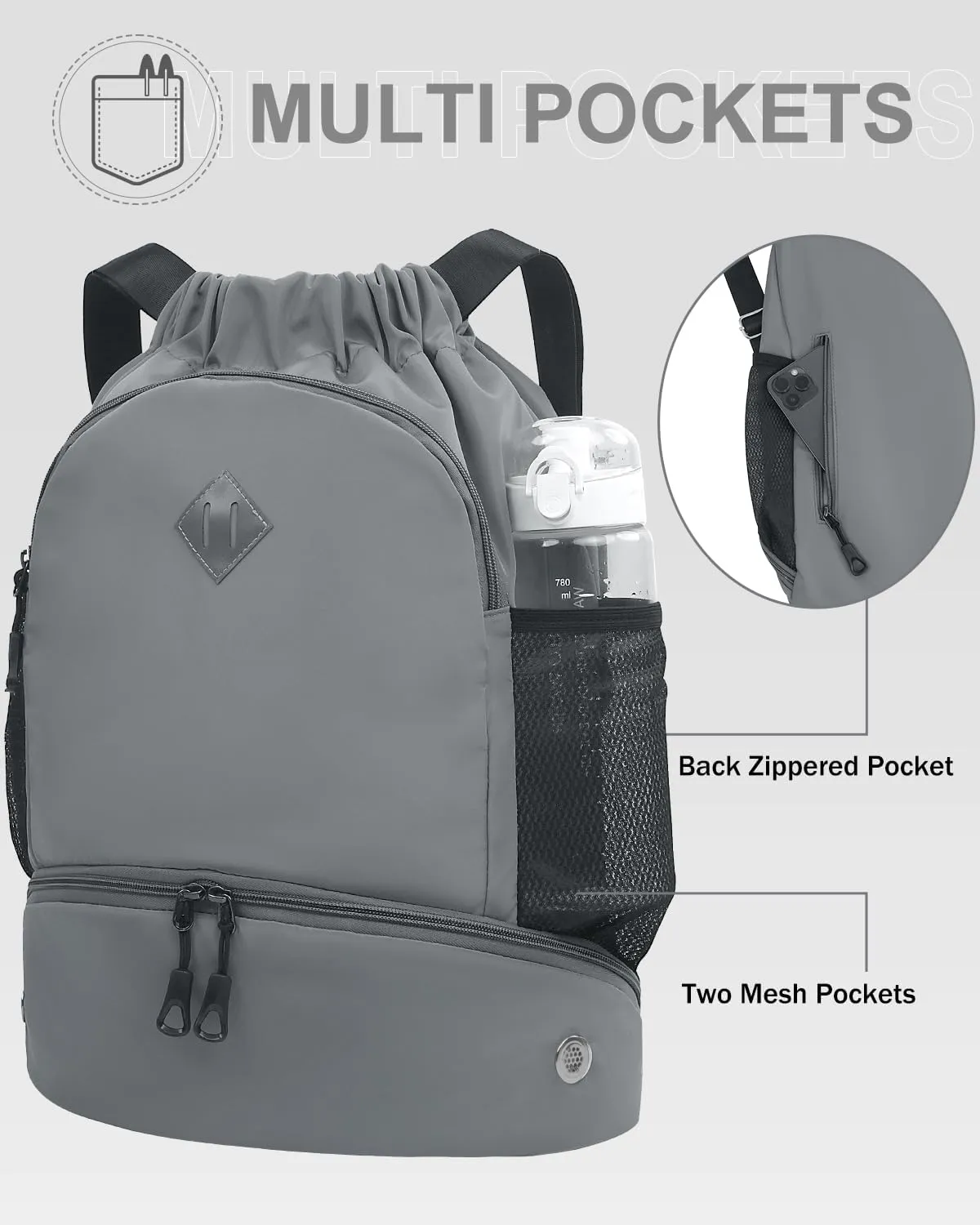 Drawstring Backpack Gym Backpack with Shoe Compartment for Men Women String Sports Bag with Wet Pocket Cinch Swim Beach Bag, Gray (Patent Pending)