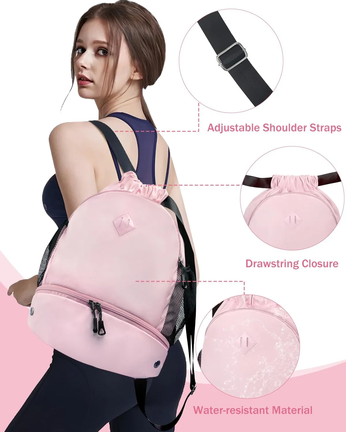 Drawstring Backpack Gym Backpack with Shoe Compartment for Men Women String Sports Bag with Wet Pocket Cinch Swim Beach Bag, Pink (Patent Pending)