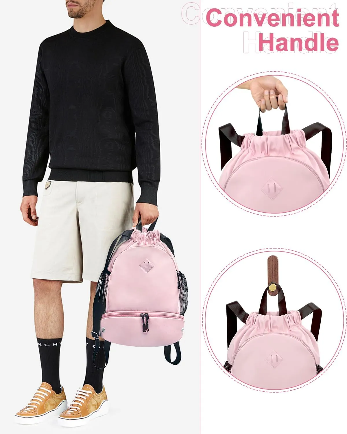 Drawstring Backpack Gym Backpack with Shoe Compartment for Men Women String Sports Bag with Wet Pocket Cinch Swim Beach Bag, Pink (Patent Pending)