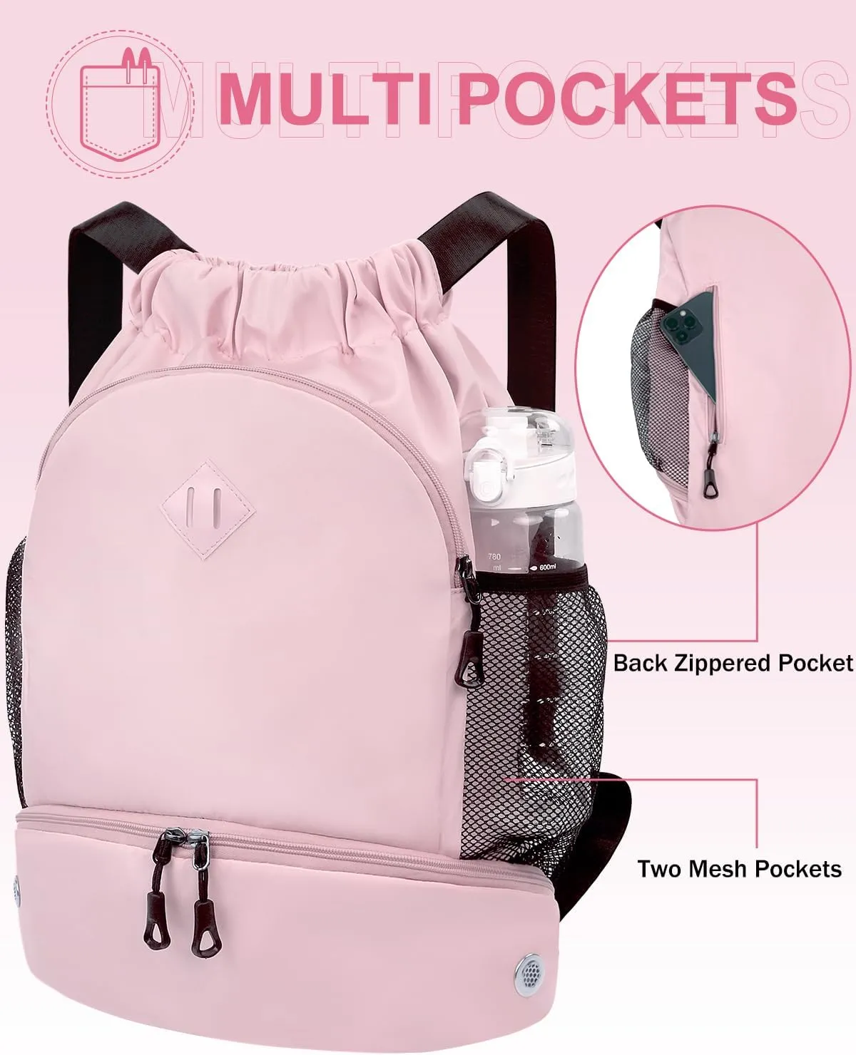 Drawstring Backpack Gym Backpack with Shoe Compartment for Men Women String Sports Bag with Wet Pocket Cinch Swim Beach Bag, Pink (Patent Pending)