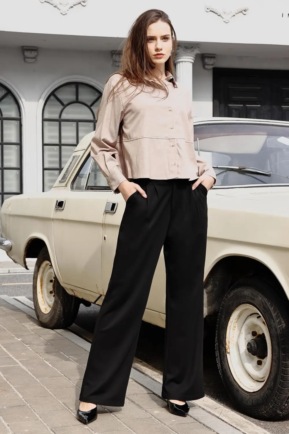 Dress Pants Women Wide Leg Work Business Office High Waisted Zipper Casual Slacks Trousers with Pockets 29"