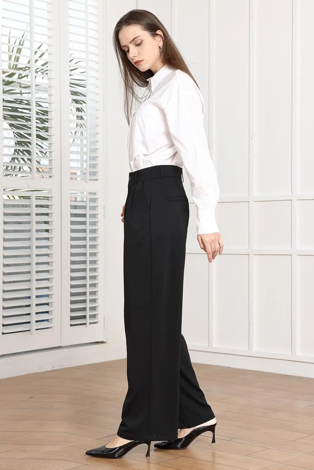 Dress Pants Women Wide Leg Work Business Office High Waisted Zipper Casual Slacks Trousers with Pockets 29"