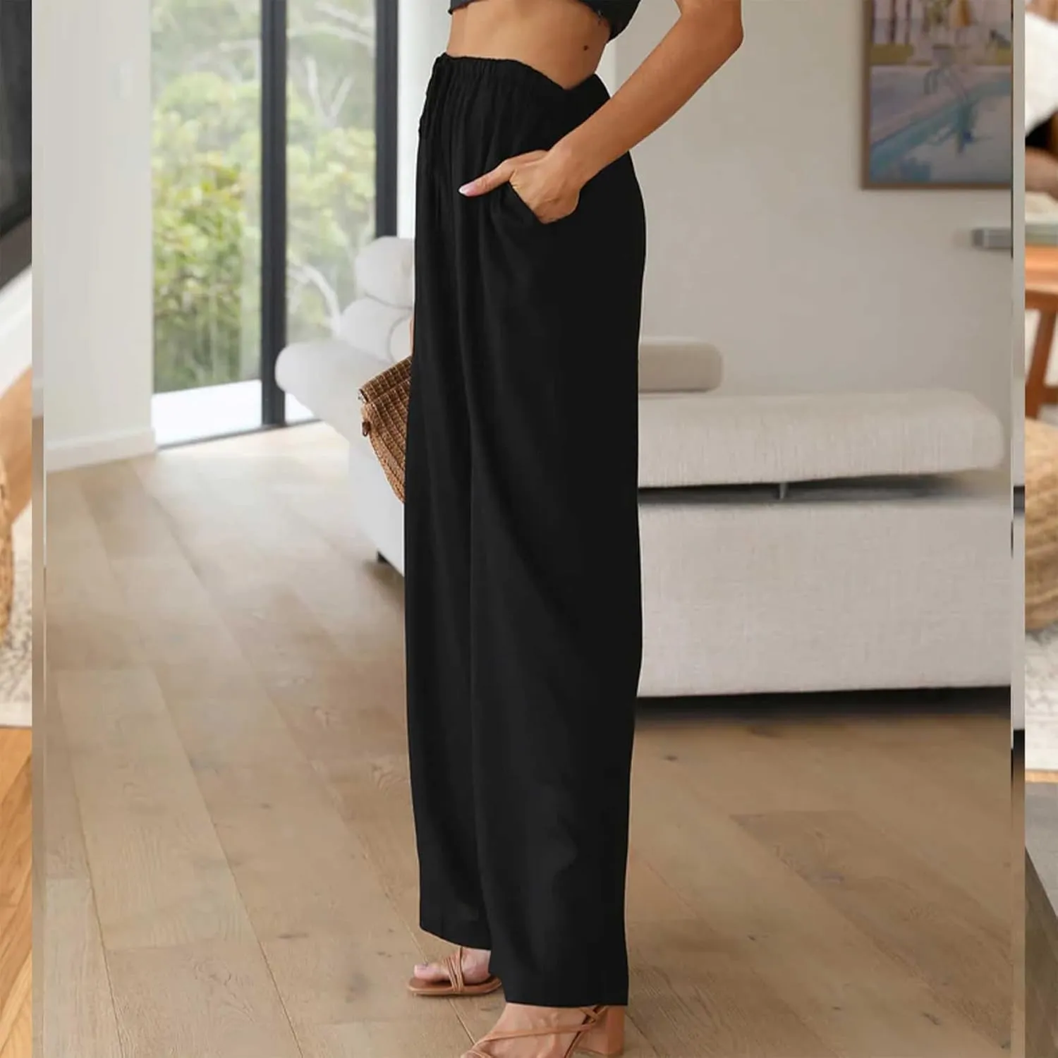 Duyang Womens Cotton Linen Palazzo Pants Drawstring Elastic Waist Casual Wide Leg Trousers with Pockets