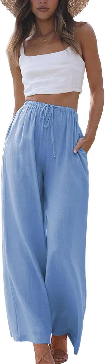 Duyang Womens Cotton Linen Palazzo Pants Drawstring Elastic Waist Casual Wide Leg Trousers with Pockets