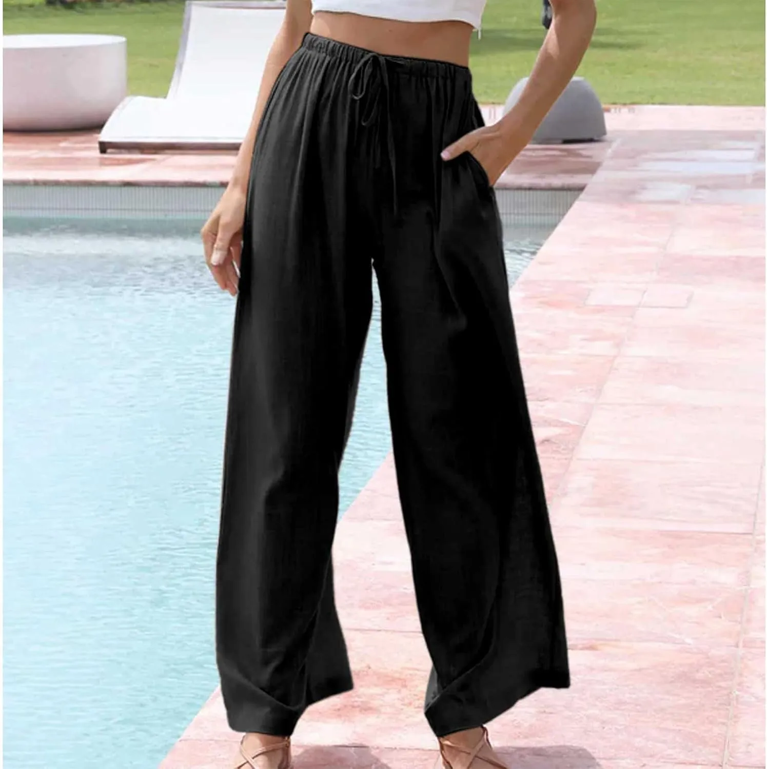 Duyang Womens Cotton Linen Palazzo Pants Drawstring Elastic Waist Casual Wide Leg Trousers with Pockets