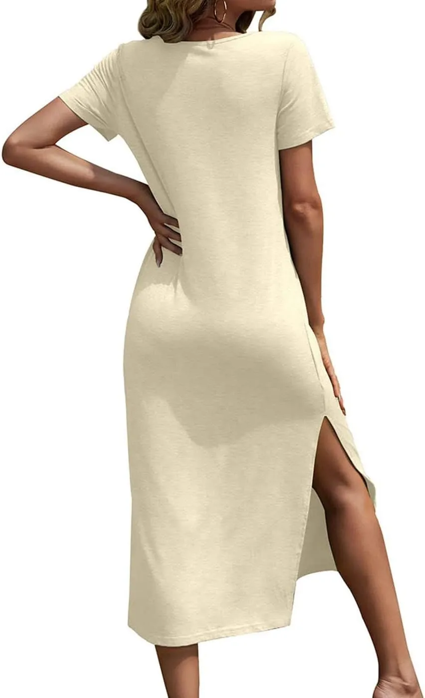 Dyexces Women Summer T Shirt Dress Casual Short Sleeve V Neck Maxi Dresses Loose Side Slit Long Tshirt Dress with Pockets