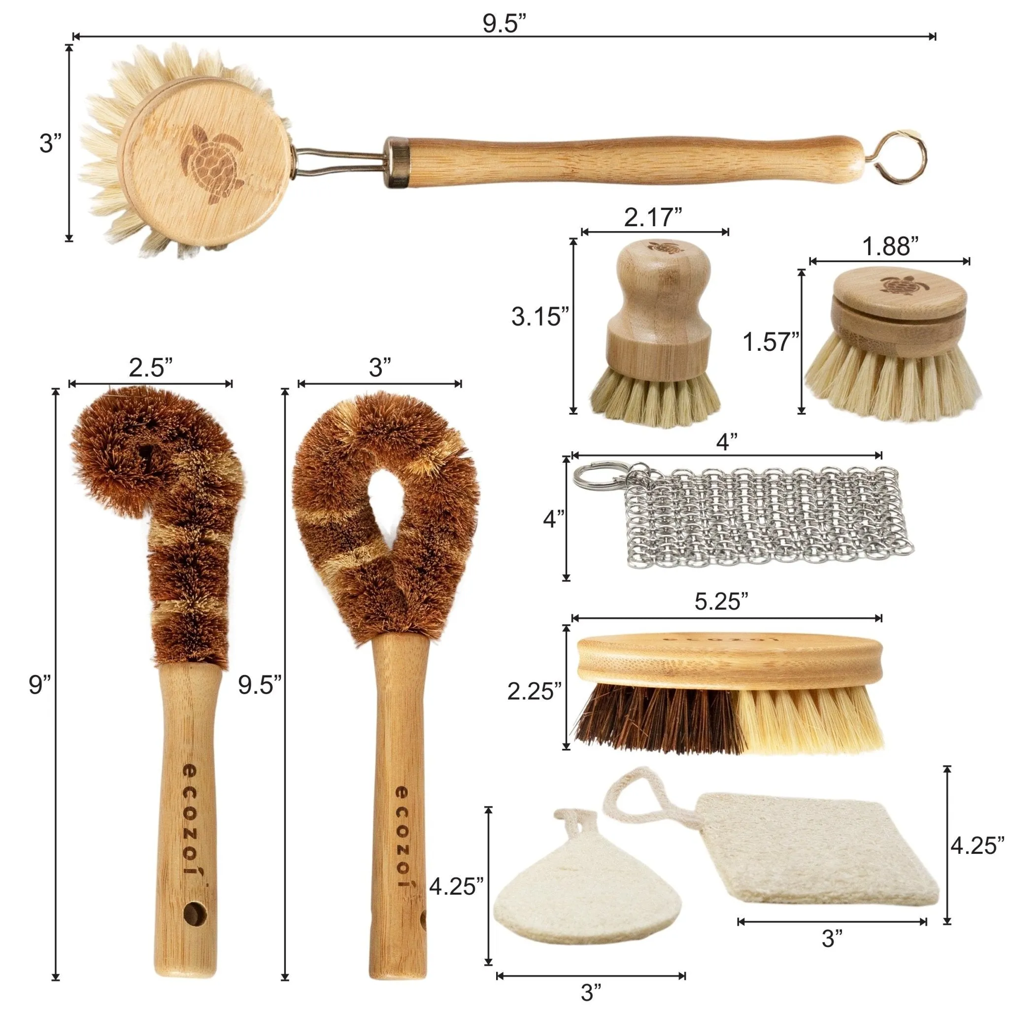 ecozoi Dish Brush Set, 9 Piece Kitchen Scrub, Zero Waste Brush Set, Plant Based Vegetable Brush Set