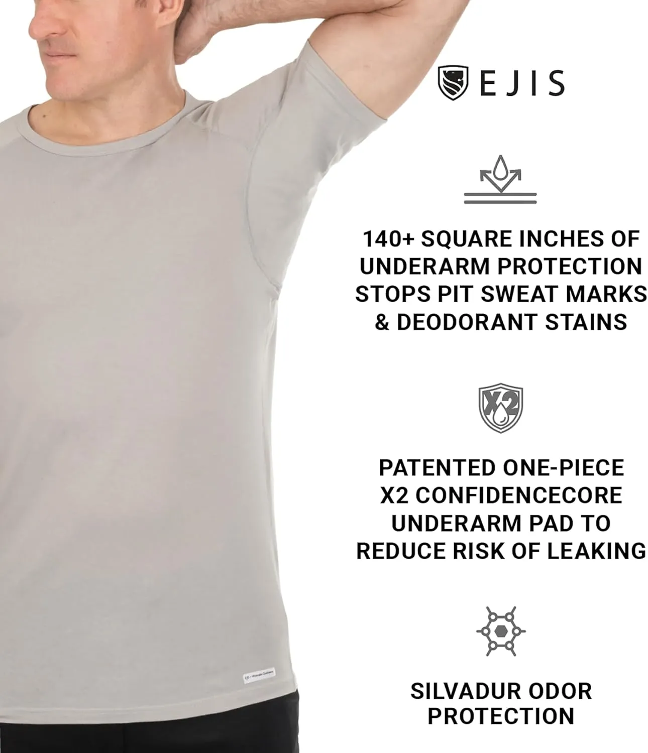 Ejis Sweatproof Undershirt for Men | Crew Neck Cotton | Classic Fit T Shirt with Sweat Pads | Odor Resistant | Blocks Sweat
