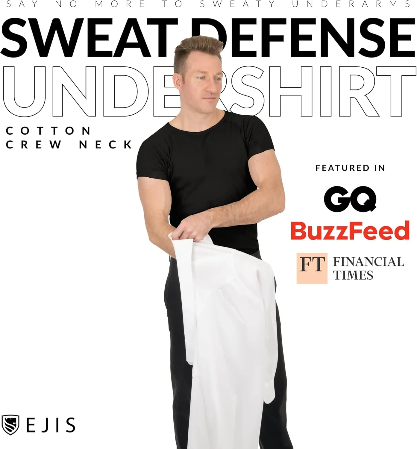 Ejis Sweatproof Undershirt for Men | Crew Neck Cotton | Classic Fit T Shirt with Sweat Pads | Odor Resistant | Blocks Sweat