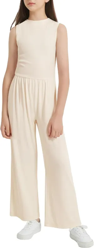 EXARUS Girls Sleeveless Jumpsuit Mock Neck Wide Leg Pants Zipper One Piece Rompers Overall Lightweight Casual 8-12Y