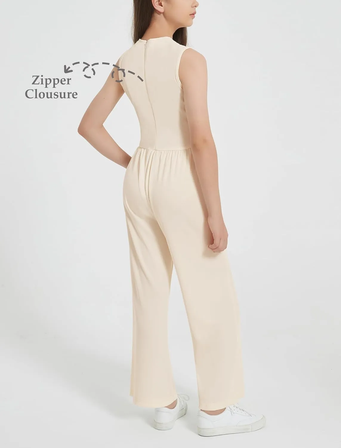 EXARUS Girls Sleeveless Jumpsuit Mock Neck Wide Leg Pants Zipper One Piece Rompers Overall Lightweight Casual 8-12Y