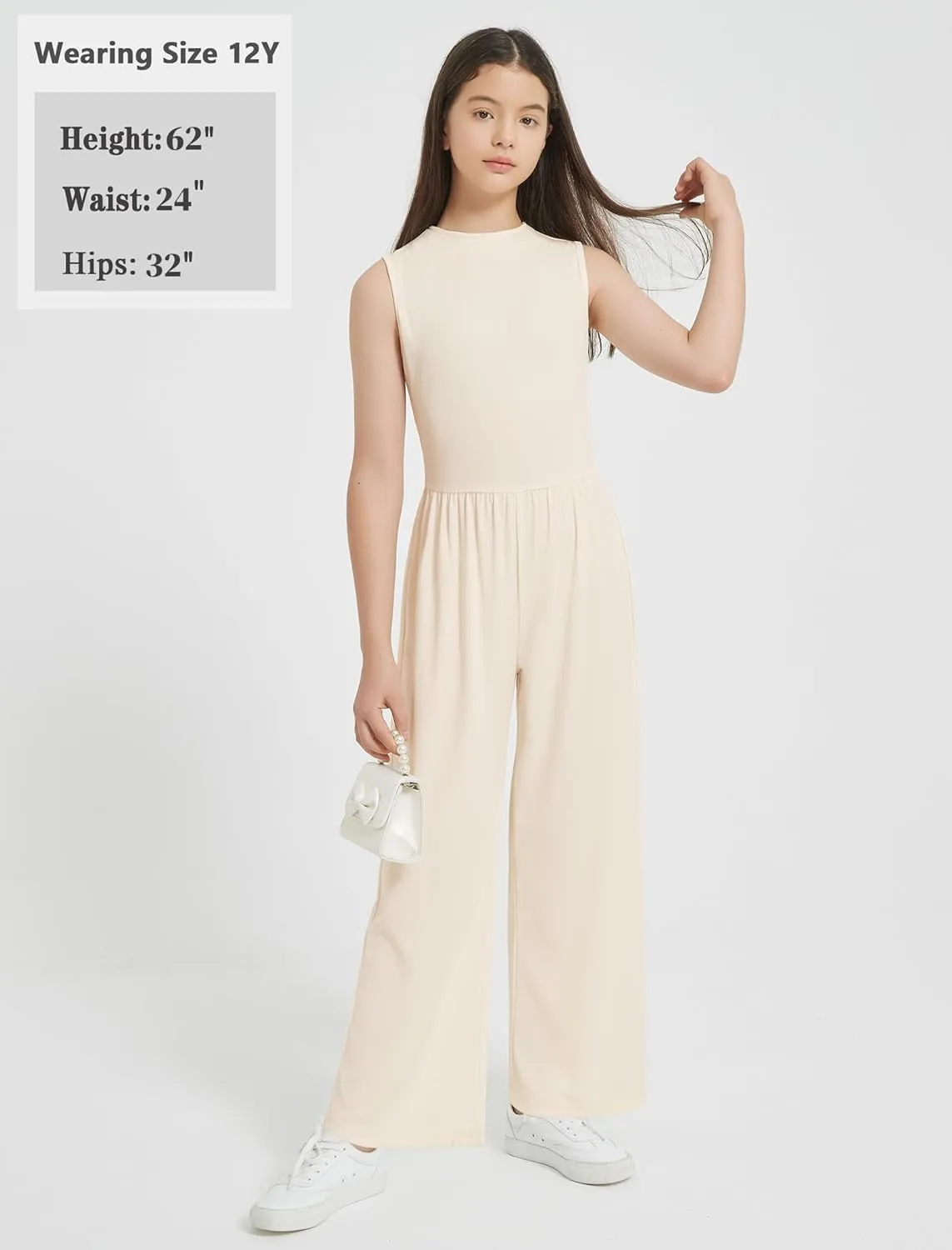 EXARUS Girls Sleeveless Jumpsuit Mock Neck Wide Leg Pants Zipper One Piece Rompers Overall Lightweight Casual 8-12Y